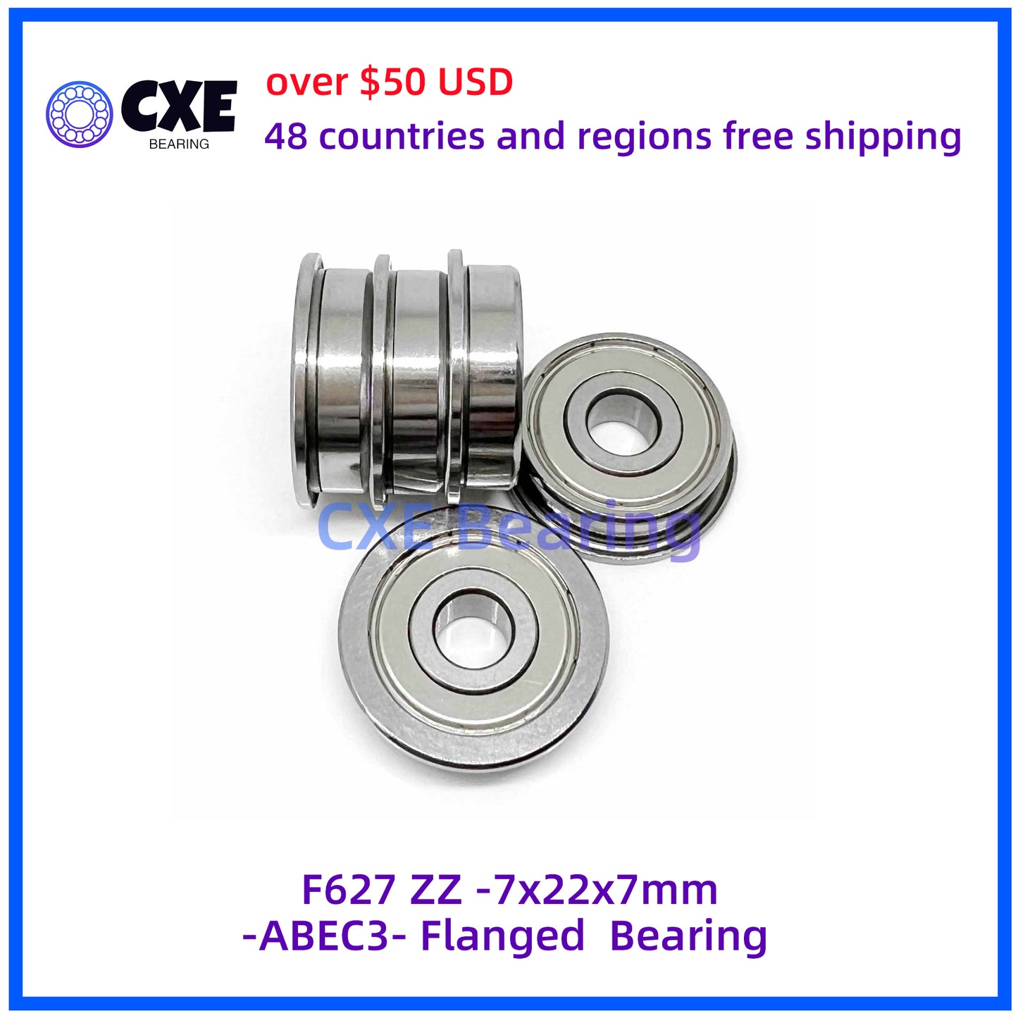 F627 ZZ -7x22x7mm-ABEC3- Flanged  Bearing
