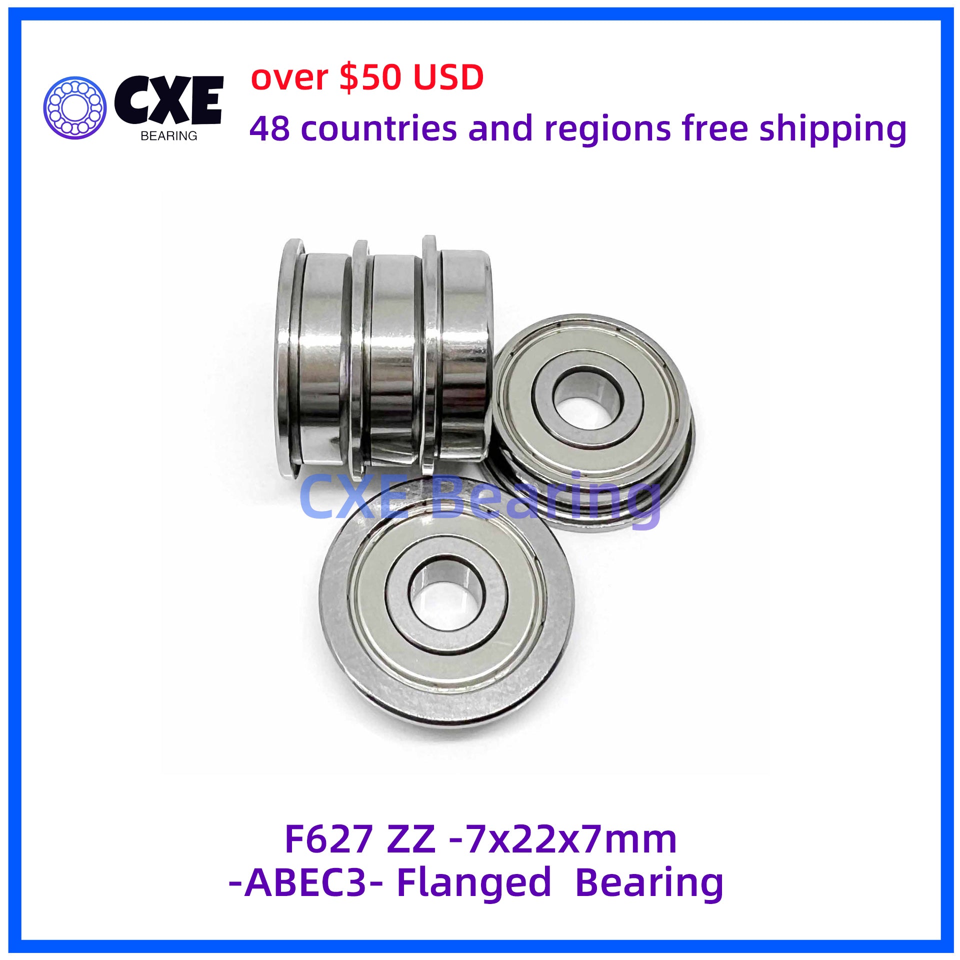 F627 ZZ -7x22x7mm-ABEC3- Flanged  Bearing