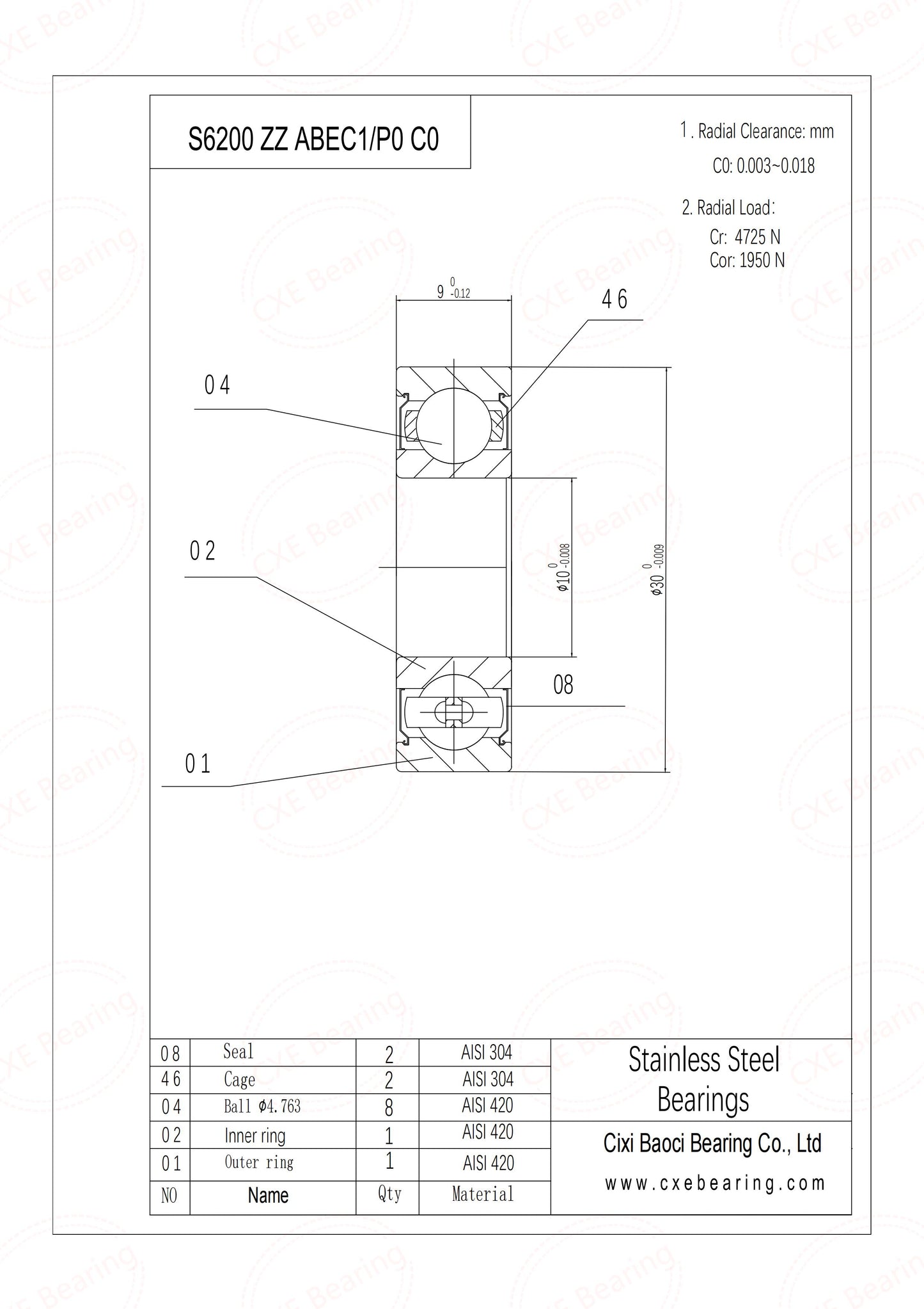S6200-ZZ  10x30x9mm Stainless Steel Bearings